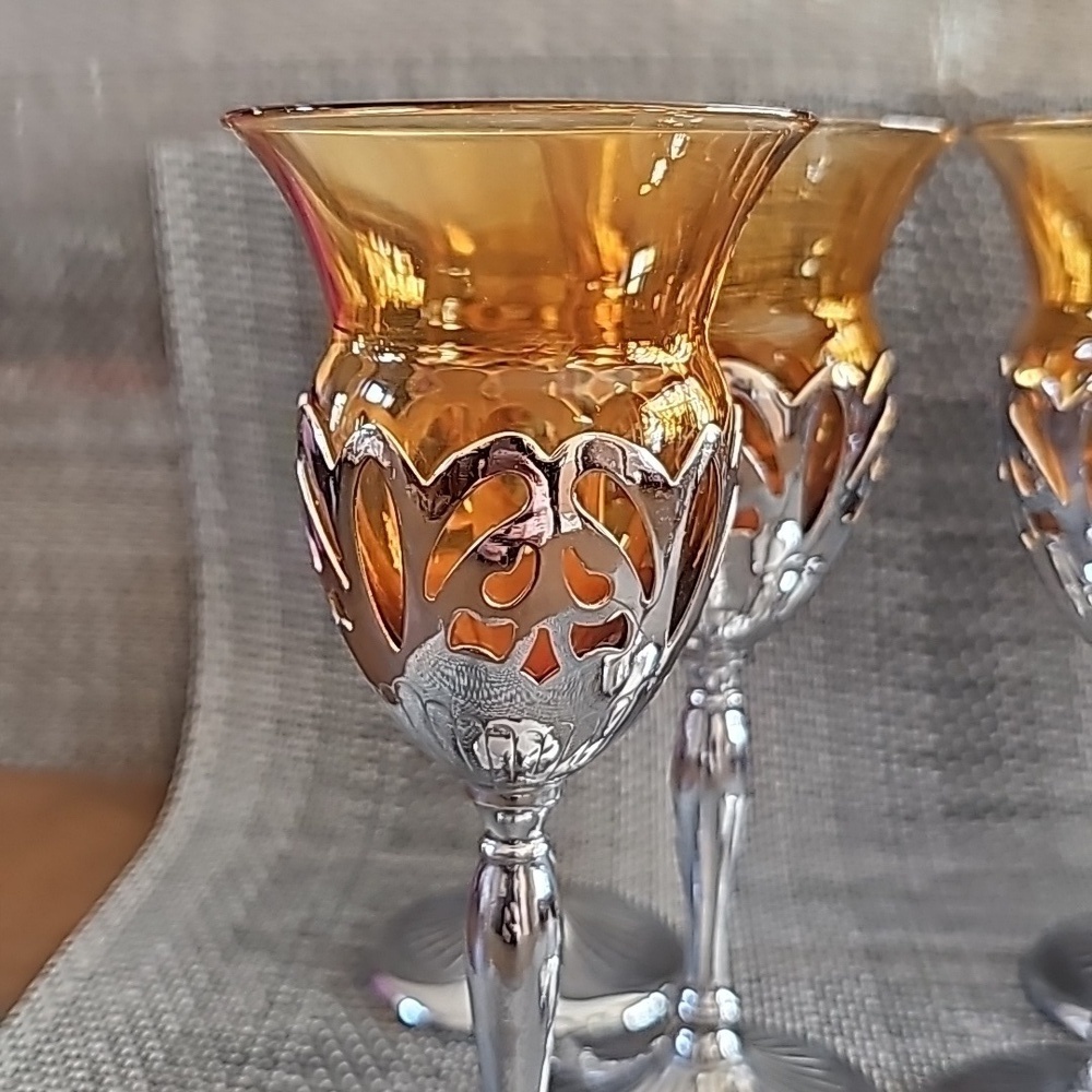 Vintage Farber Brothers Amber Silver Stems Glassware 6 Cordial Sherry Glasses - Picture 2 of 10